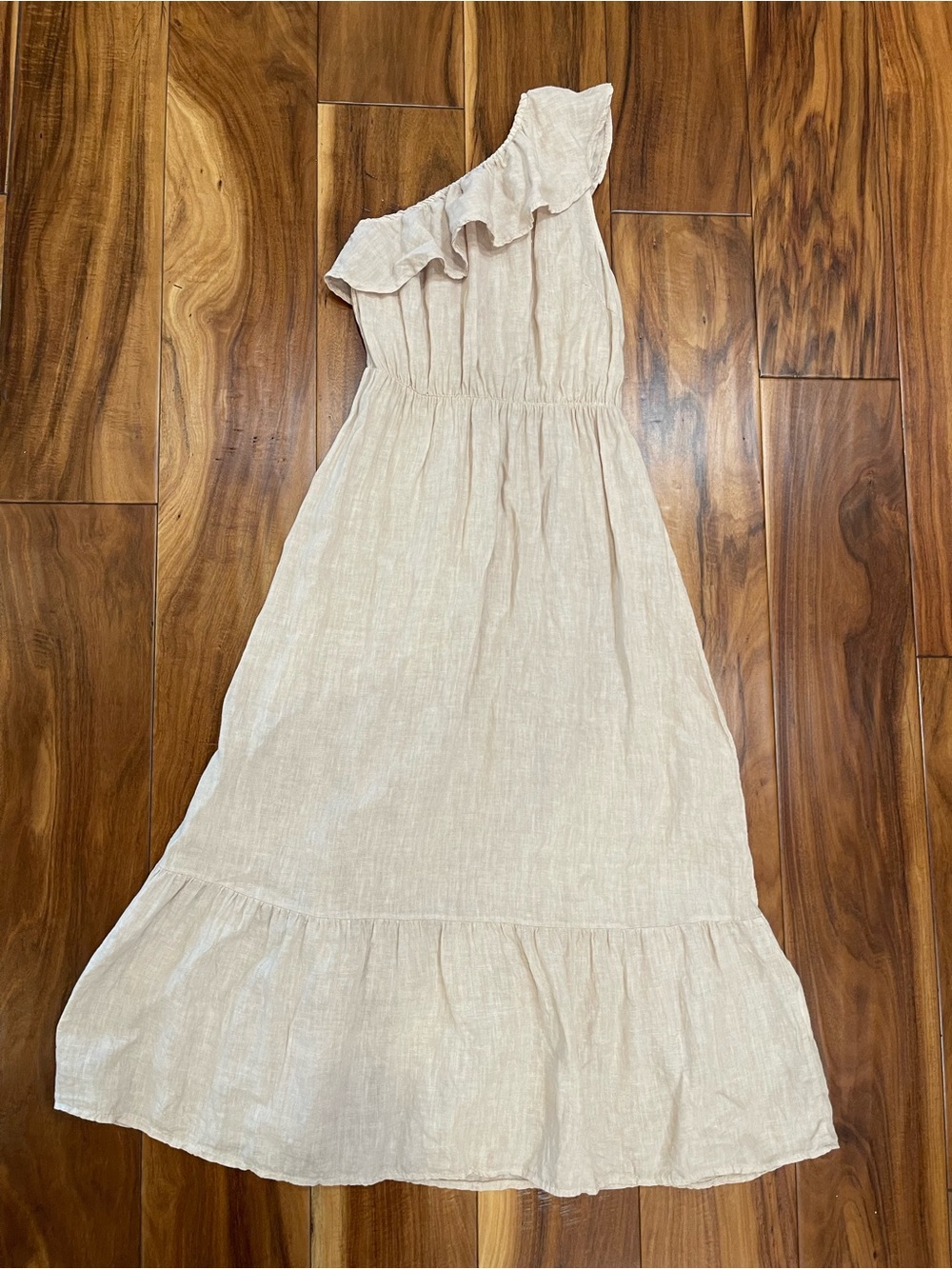 Valentina Naldi 100% Linen One Shoulder Ruffle Dress Oatmeal Women M Summer Boho